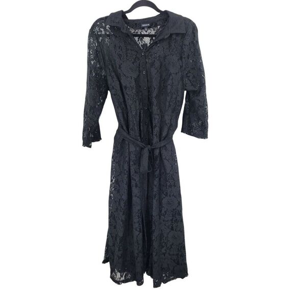 Torrid Womens Maxi Lace Shirt Dress Sz 1 Black Button Down Belted Cocktail Party - Picture 2 of 12